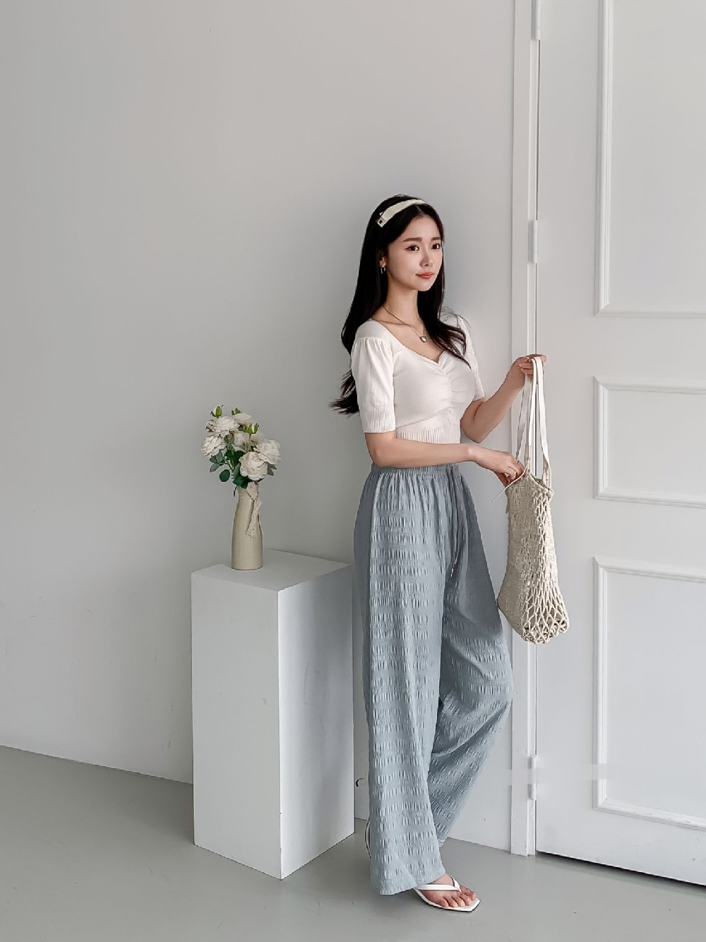 플리츠바지 냉장고바지 와이드팬츠 여성 밴딩 통바지 팬츠 - 상세 이미지 5