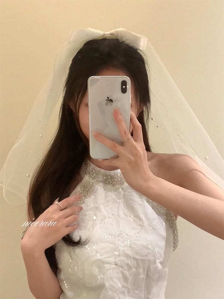 웨딩베일 면사포 웨딩소품 셀프 파티 스냅촬영 리본 머리끈 - 상세 이미지 2