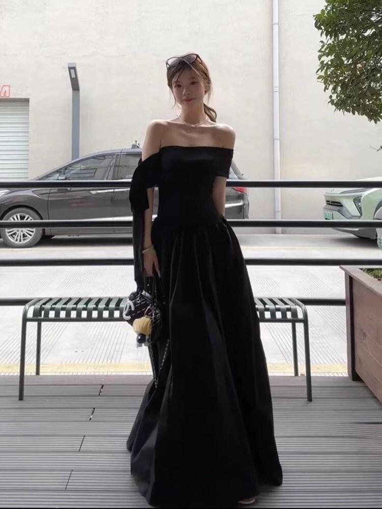 블랙 셀프웨딩드레스 오프숄더 연주회 2부드레스 피로연 블랙 S - 상품 이미지