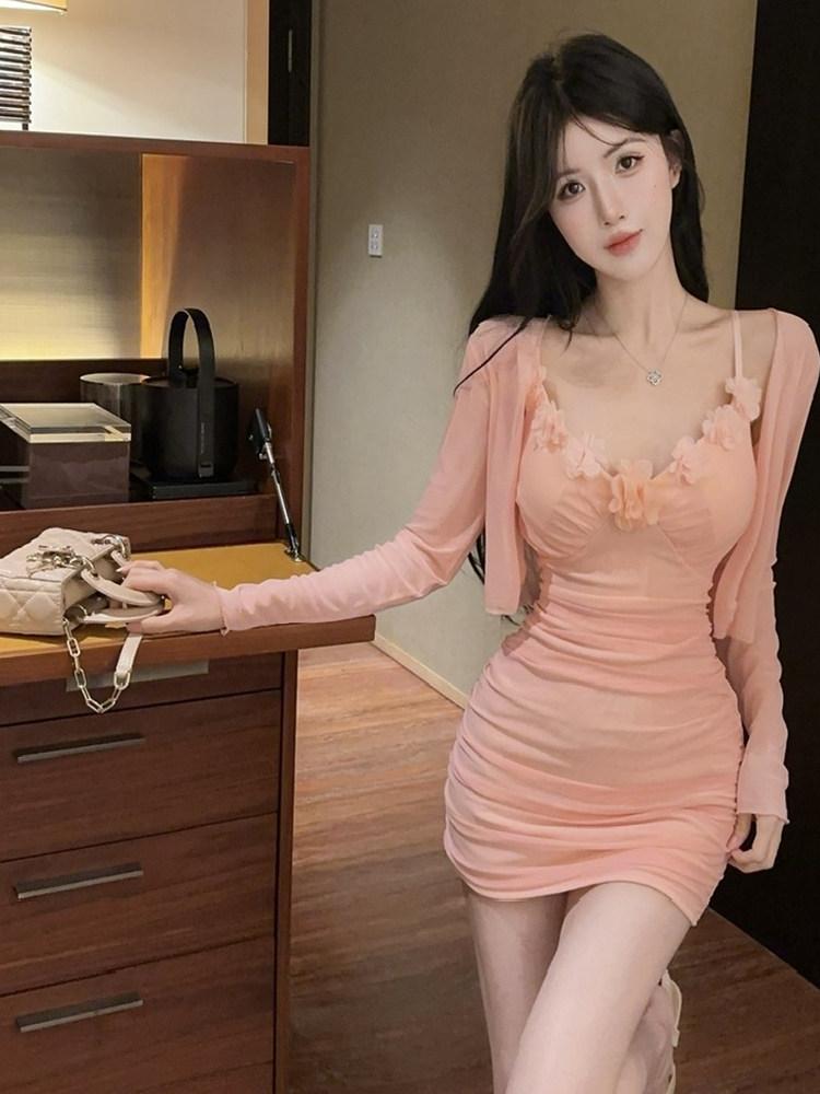 홀복 원피스 짧은 쉬폰 나시 방송 타이트한 글램 파티룩 신상 셔링 - 상세 이미지 2