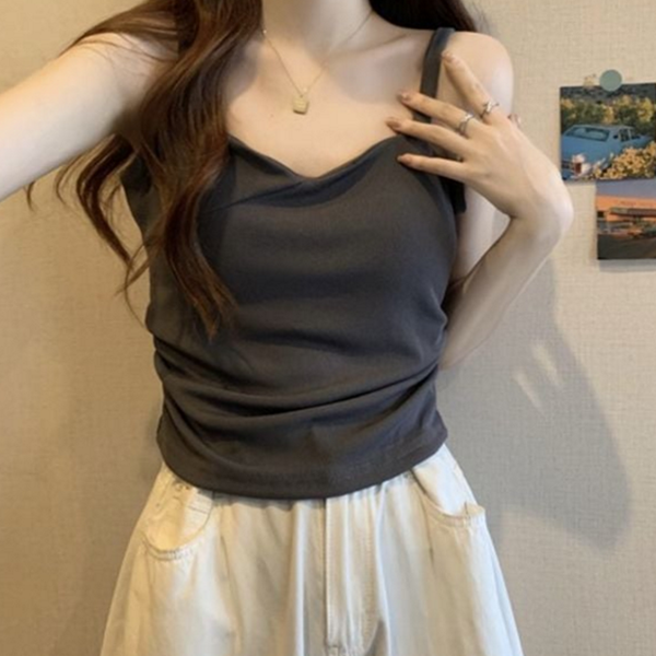 빅사이즈 여성 하트넥 나시 슬리브리스 여성 셔링 나시 티셔츠 민소매 - 상품 이미지