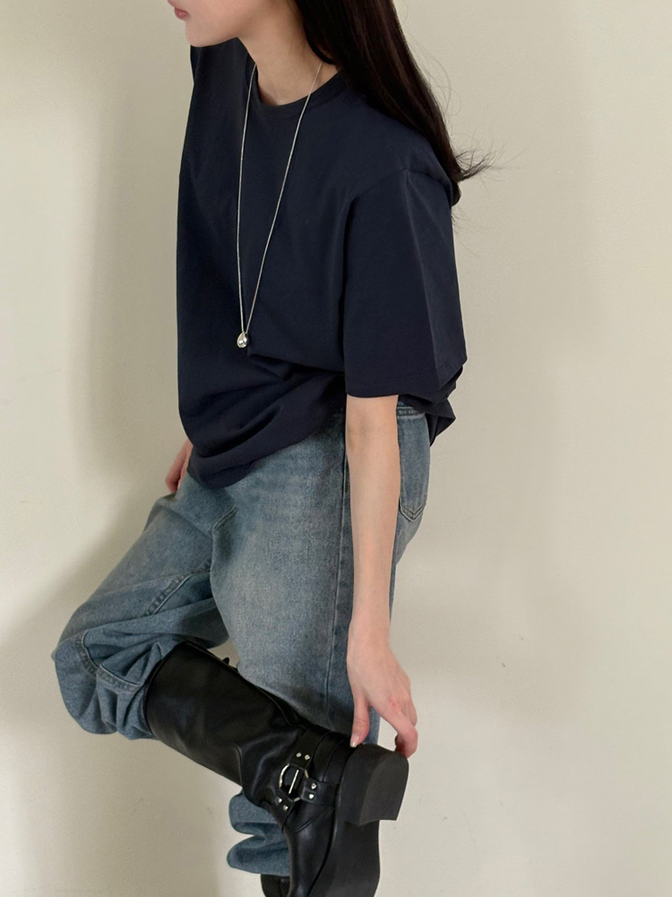 오버핏 코튼 기본 여성 티셔츠 면 라운드 롱 박스티 여자 반팔티 이미지 3