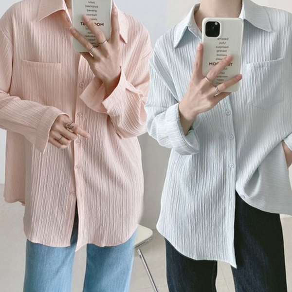 루즈핏 여성 롱 셔츠 레이어드 여성 여름 셔츠 블라우스 시스루 - 상품 이미지