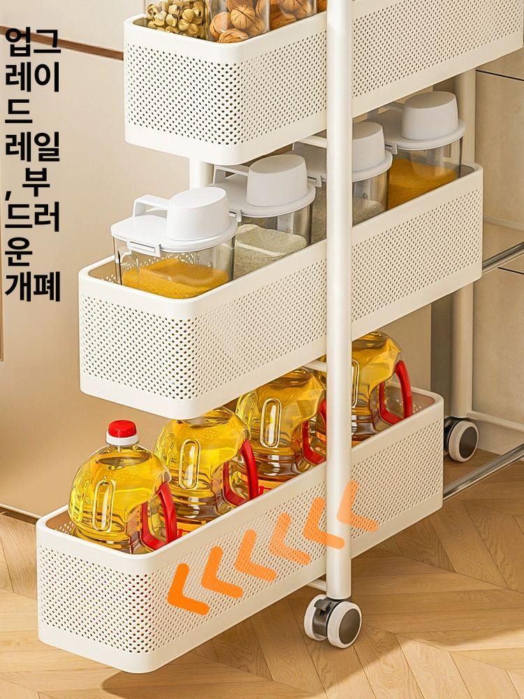 슬림 트롤리 주방 틈새 레일 양념통 선반 화이트 이동식 밀키화이트 5칸 22cm [레일 슬라이드] - 상세 이미지 3