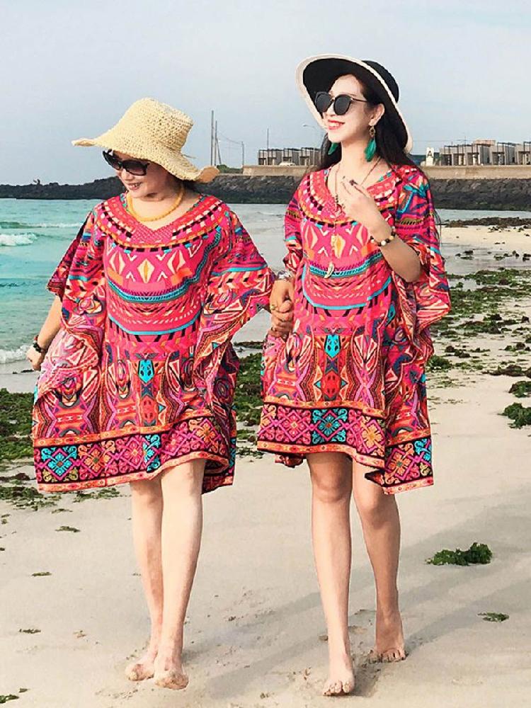 비치가운 드레스 여성 비치 로즈레드 해변 휴양지 바캉스 - 상세 이미지 3