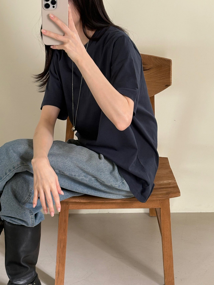 오버핏 코튼 기본 여성 티셔츠 면 라운드 롱 박스티 여자 반팔티 이미지 4