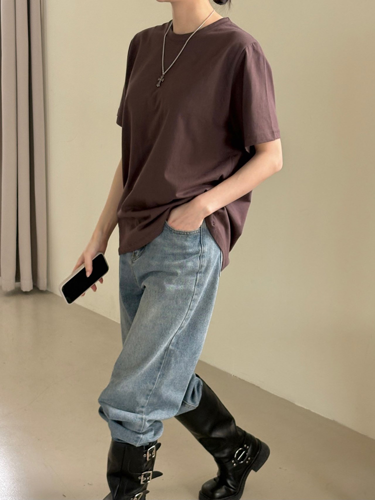 오버핏 코튼 기본 여성 티셔츠 면 라운드 롱 박스티 여자 반팔티 이미지 2