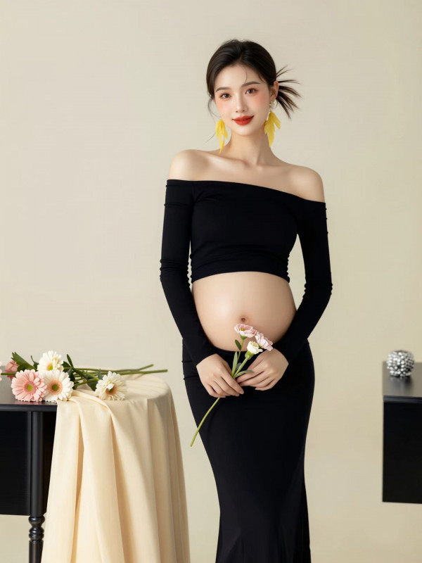 임산부 오프숄더 긴팔 원피스 블랙 슬림핏 체형 보완 촬영용 - 상세 이미지 4