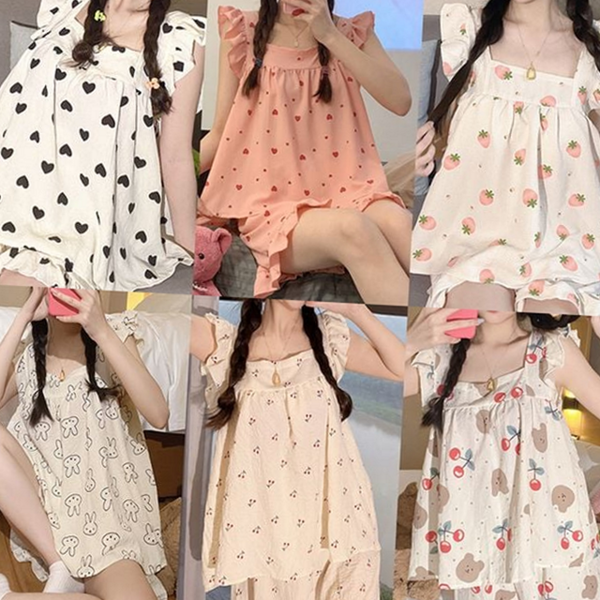 나시 여름 잠옷 파자마 여성 프릴 잠옷 반바지 웨어 - 상품 이미지