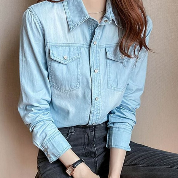 루즈핏 데님 셔츠 데일리 여성 청남방 블라우스 얇은 가을 - 상품 이미지