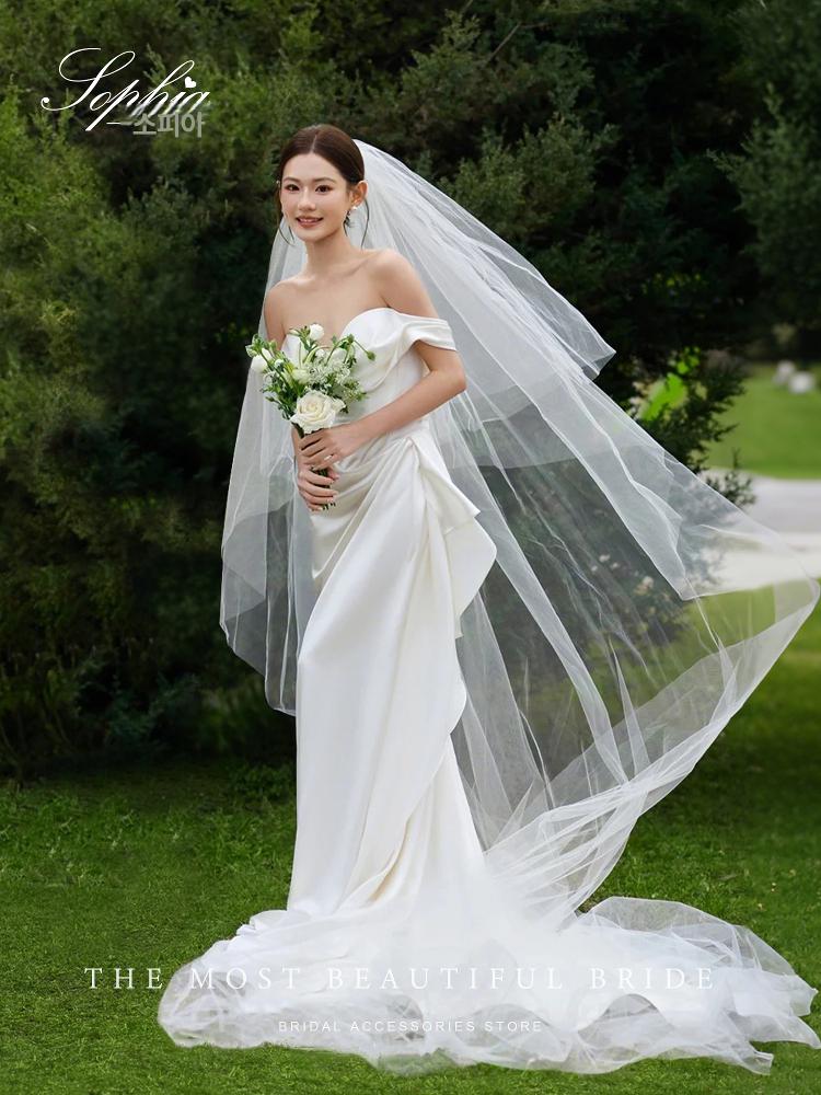 롱베일 웨딩면사포 셀프웨딩베일 3m 롱길이 소프트 튤망사 이중레이어 우아한 화이트 단층 1.5x3m - 상세 이미지 2