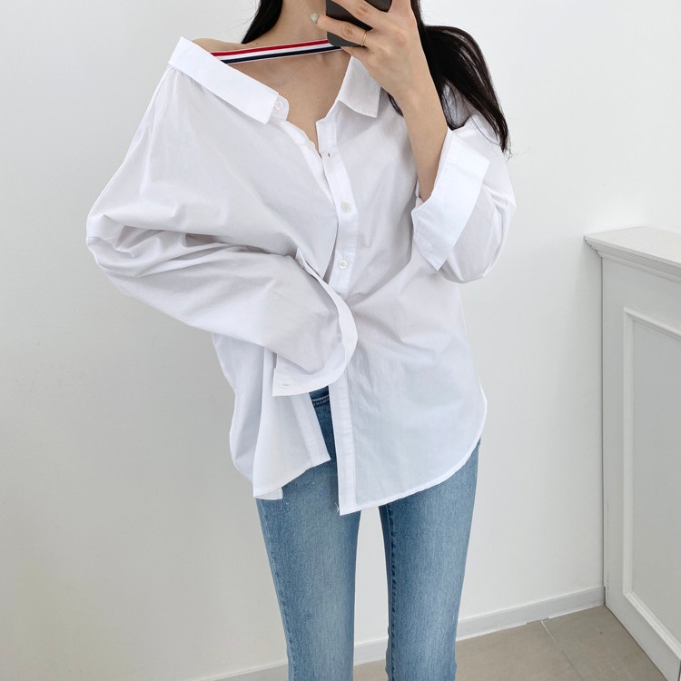 여성 봄 루즈핏 스트라이프 셔츠 블라우스 앞뒤착용 뒷트임 백버튼 포인트 - 상세 이미지 2