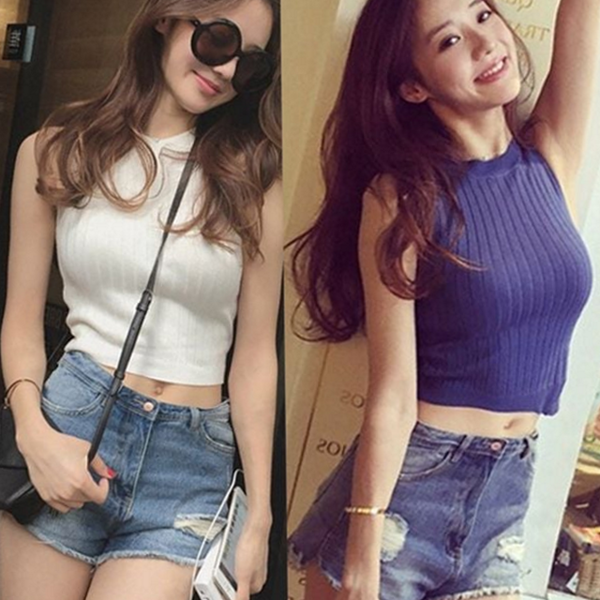 데일리 여성 민소매 티셔츠 슬림핏 여성 크롭 티셔츠 나시 여름 - 상품 이미지