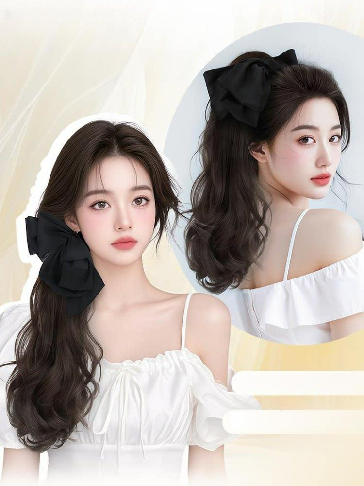 리본 핀 가발 집게 분리형 긴머리 포니테일 40cm [브라운블랙] - 상품 이미지