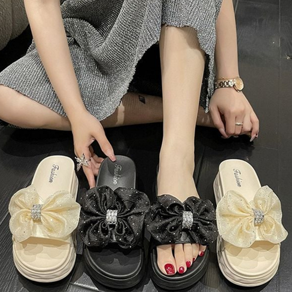 데일리 여성 통굽 슬리퍼 큐빅 리본 슬리퍼 여름 패션 - 상품 이미지