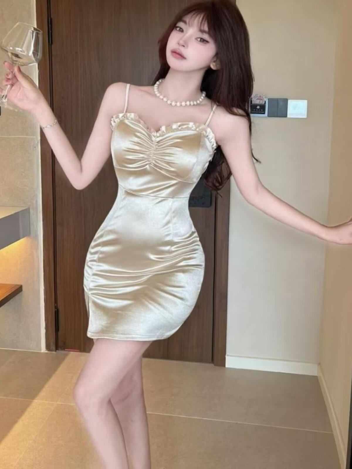 홀복 원피스 짧은 파티룩 딱붙는 쉬폰 여캠 기념일 쫀쫀 타이트한 러블리한 - 상세 이미지 5