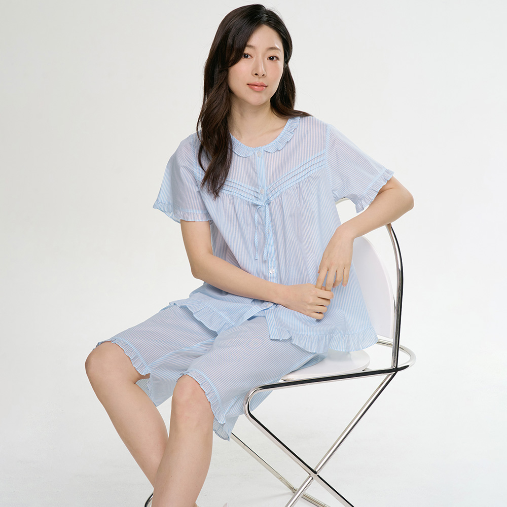 블루ST 반팔 여름 빅사이즈 순면 여성 잠옷 홈웨어 세트 이미지 2
