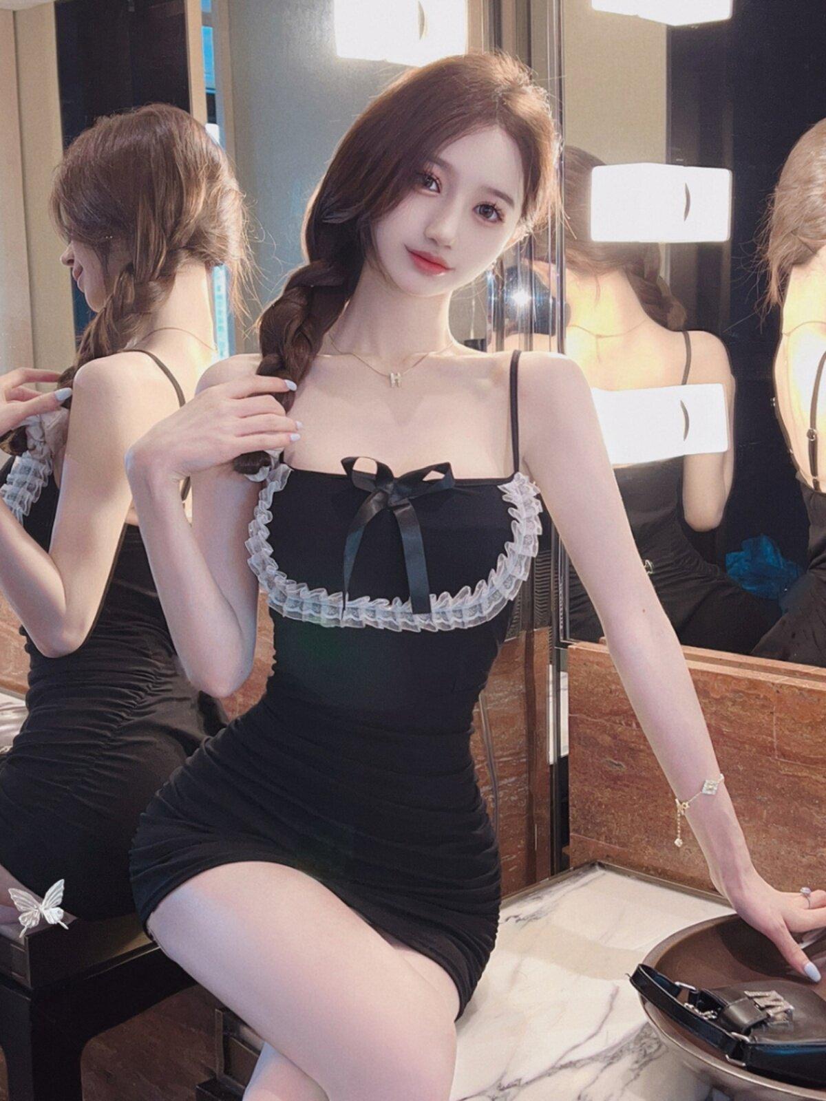 홀복 원피스 남심저격 신상 러블리한 끈나시 셔링 방송 클럽룩 전문 가씨옷 - 상세 이미지 4