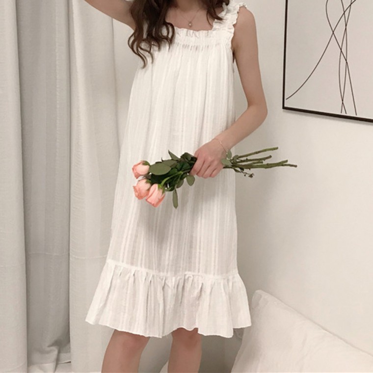 여성 순면 프릴 나시 원피스 잠옷 홈웨어 수면원피스 여름 여성홈웨어 파자마 - 상품 이미지