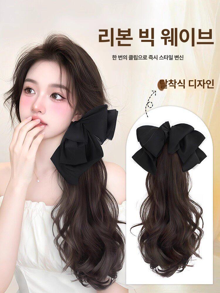 리본 핀 가발 집게 분리형 긴머리 포니테일 40cm [브라운블랙] - 상세 이미지 3