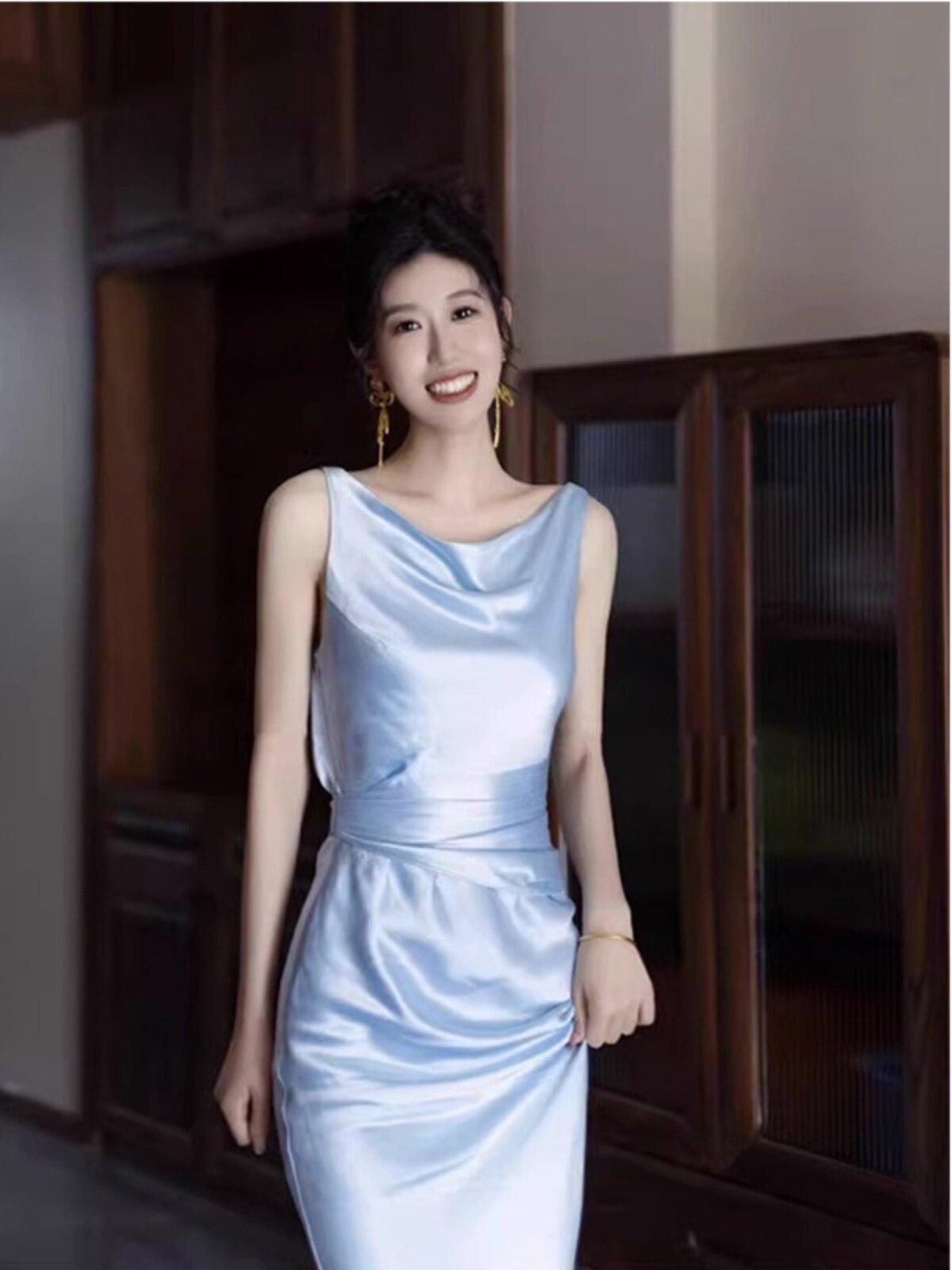 웨딩이브닝드레스 연주회원피스 하늘색 피로연드레스 블루 S - 상세 이미지 4