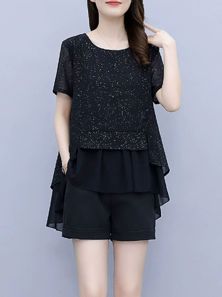 라인 댄스복 빅사이즈 상의 빤짝이 팬츠 공연복 연습복 블랙 L(추천 47.5-55kg) - 상품 이미지