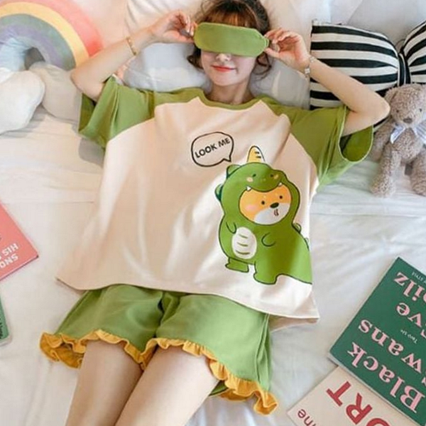 데일리 여성 반팔 잠옷 귀여운 여름 잠옷 루즈핏 파자마 상하의 - 상품 이미지