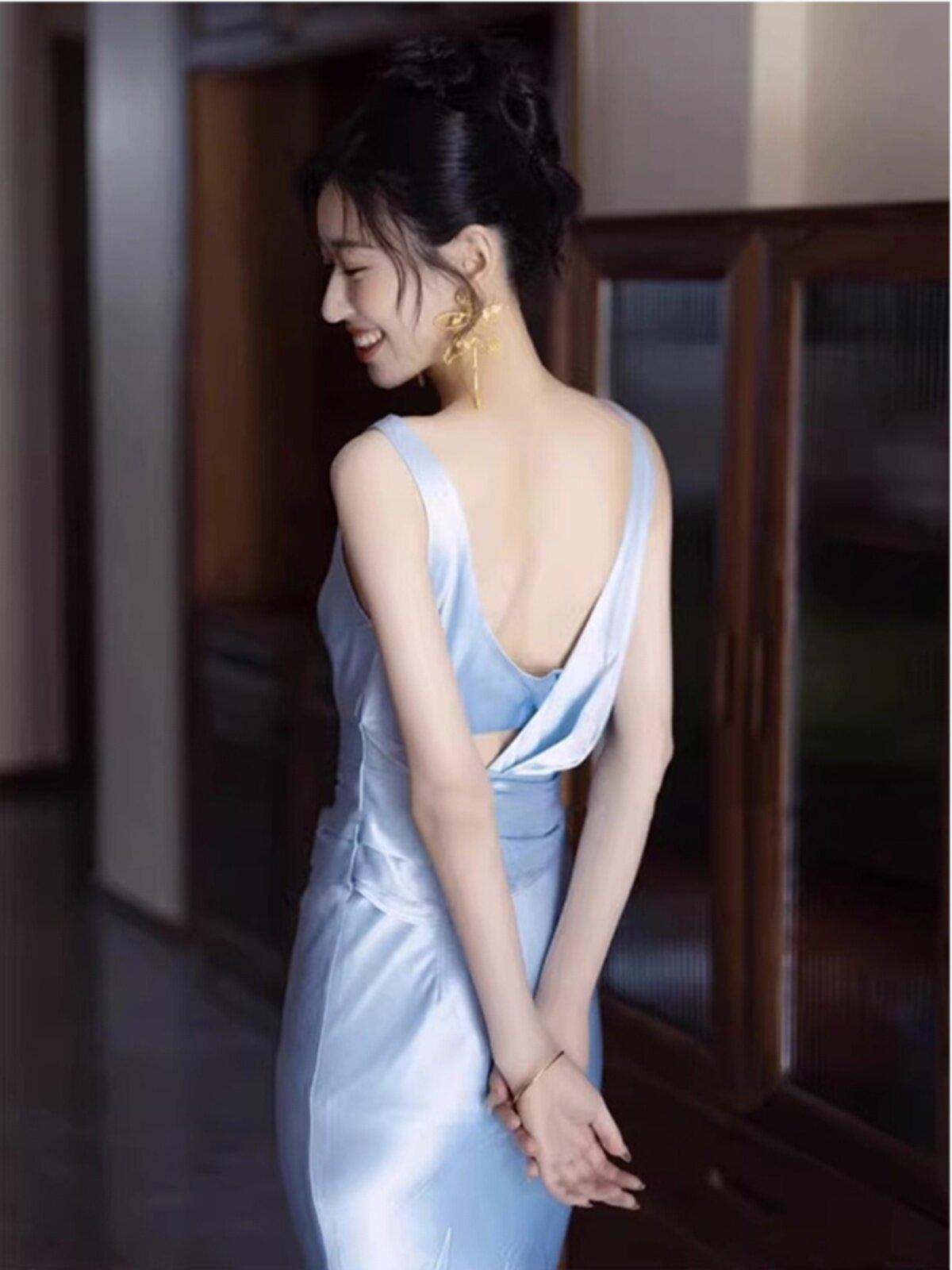 웨딩이브닝드레스 연주회원피스 하늘색 피로연드레스 블루 S - 상세 이미지 3