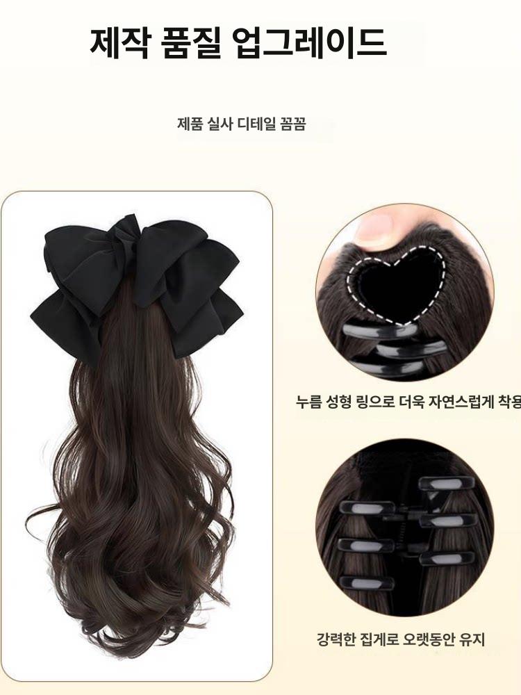 리본 핀 가발 집게 분리형 긴머리 포니테일 40cm [브라운블랙] - 상세 이미지 4