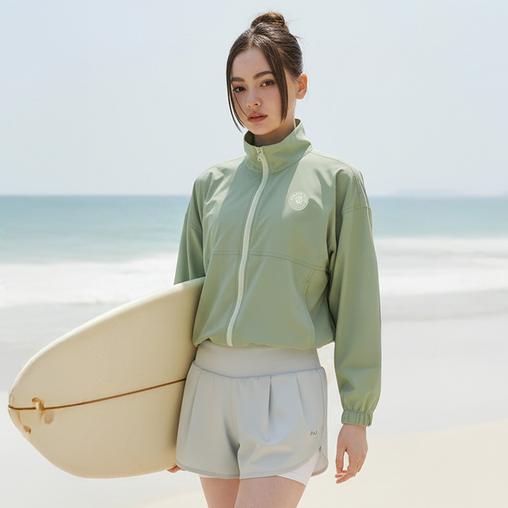 여성 루즈핏 크롭 집업 래쉬가드 반바지 상하세트 체형커버 수영복 비치웨어 올리브 - 상품 이미지