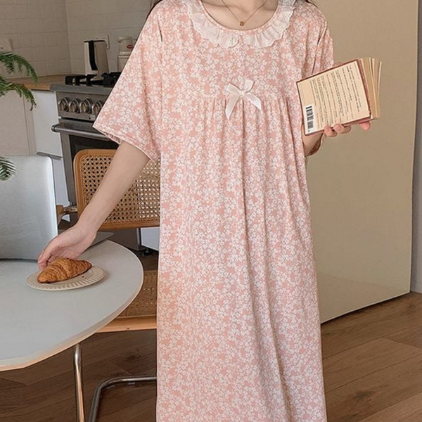 루즈핏 여성 잠옷 원피스 플라워 파자마 원피스 반팔 여름 - 상품 이미지
