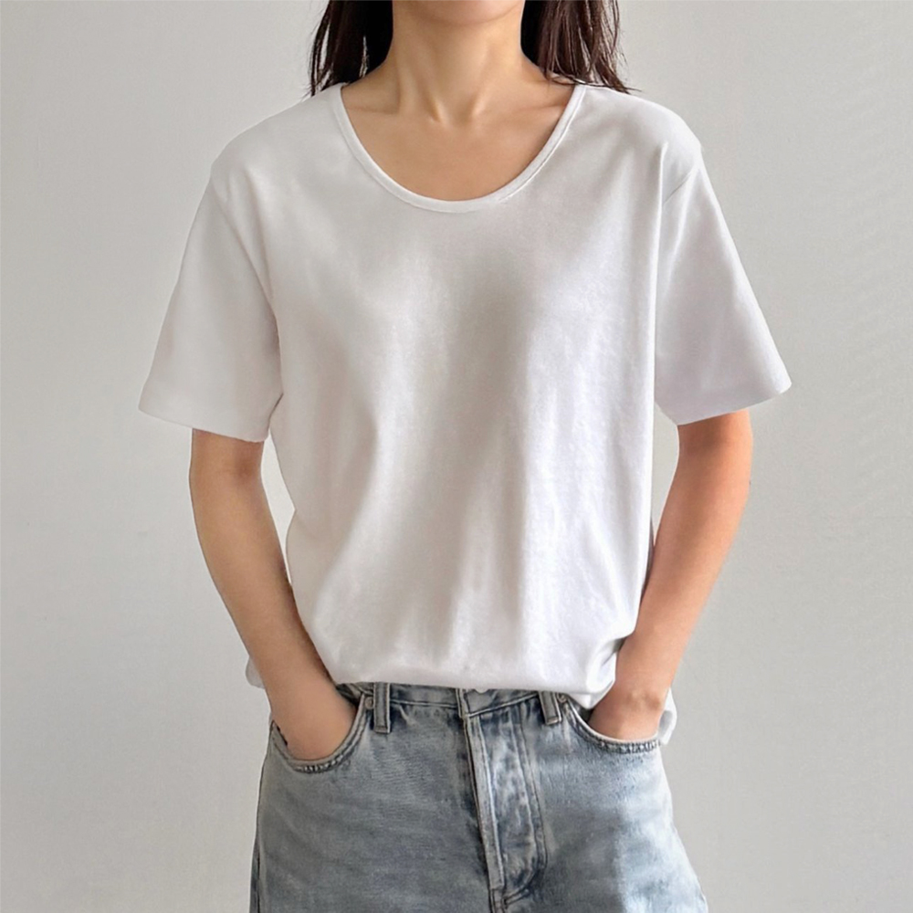 부들부들 모달 코튼 스판 유넥 브이넥 티셔츠 기본 이너 여자 반팔티 여성 티셔츠 - 상품 이미지