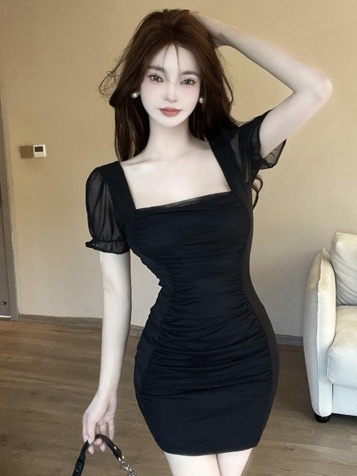 홀복 원피스 BJ 방송 초미니 44 신상 파티룩 쉬폰 슬림핏 셔링 - 상세 이미지 3