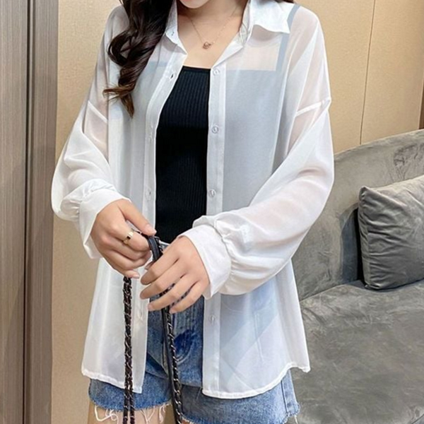 루즈핏 여성 시스루 셔츠 비치 여성 여름 셔츠 블라우스 썸머 - 상품 이미지