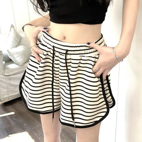루즈핏 여성 반바지 단가라 여성 밴딩 반바지 스트라이프 데일리반 - 상품 이미지