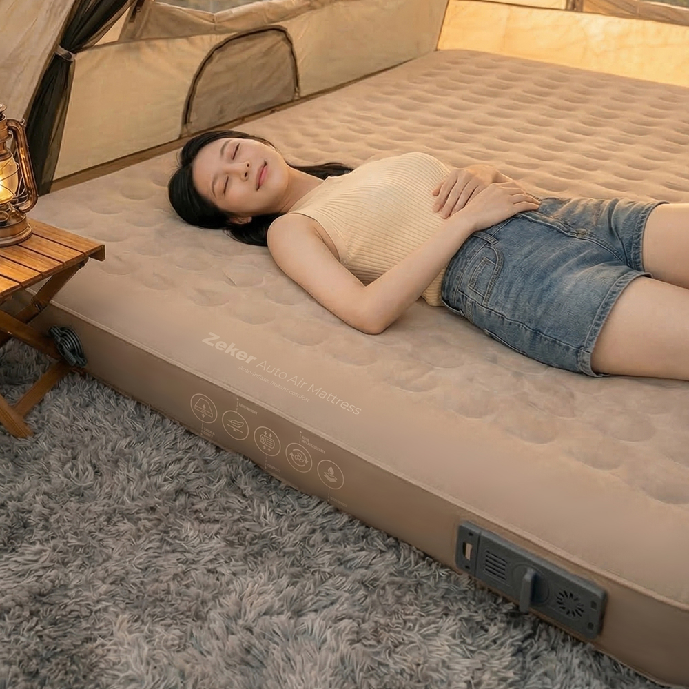 제커 에어매트 자충 매트 캠핑 에어 10cm 자충 침대 자동 충전 펌프 차박 돗자리 경량 매트리스 배드 싱글, 베이지 이미지 4