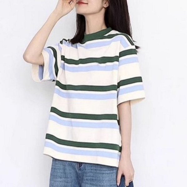 루즈핏 여성 반팔 티셔츠 단가라 반팔 티셔츠 데일리 여름 - 상품 이미지