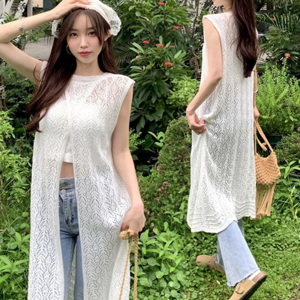 시스루 여성 펀칭 원피스 레이스 여성 레이어드 원피스 민소매 여름 - 상품 이미지