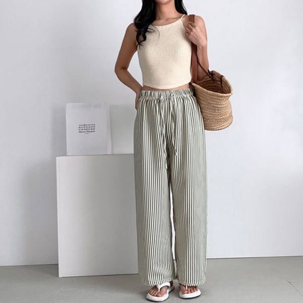 루즈핏 여성 와이드 바지 통바지 여성 스트라이프 바지 데일리 여름 - 상품 이미지