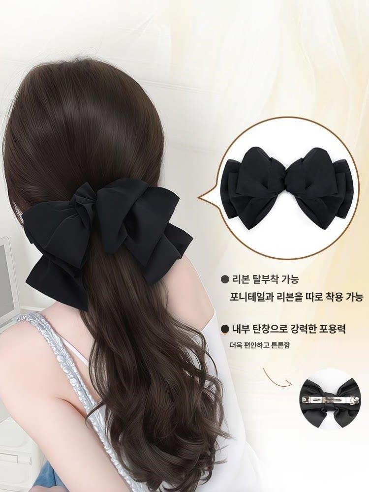 리본 핀 가발 집게 분리형 긴머리 포니테일 40cm [브라운블랙] - 상세 이미지 5