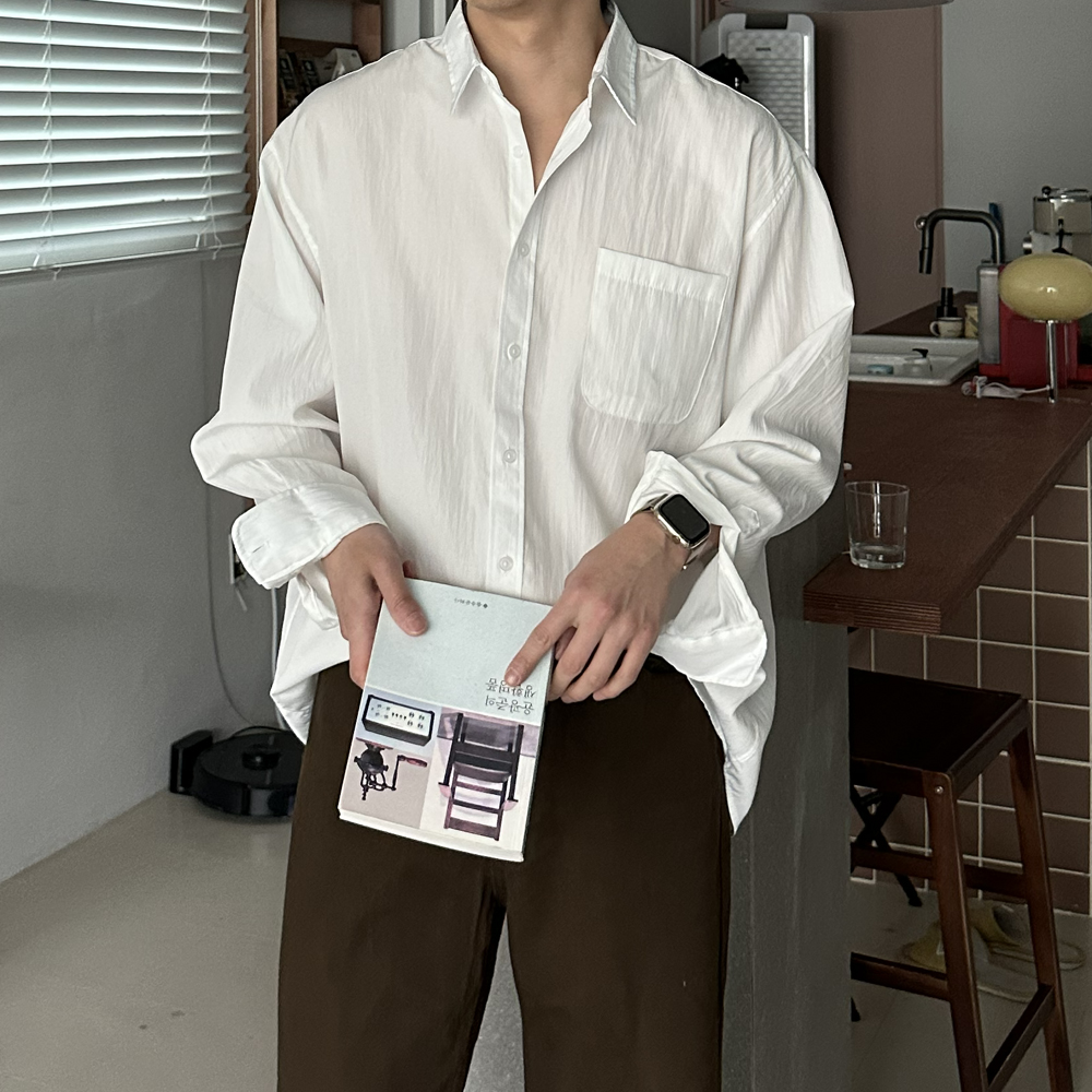 남자 셔츠 구김없는 오버핏 흰색 봄 여름 남방 남자 와이셔츠 - 상세 이미지 2