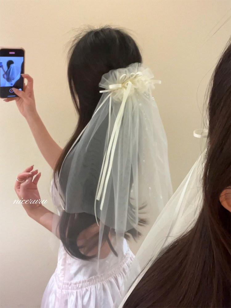 웨딩베일 면사포 웨딩소품 셀프 파티 스냅촬영 리본 머리끈 - 상세 이미지 3