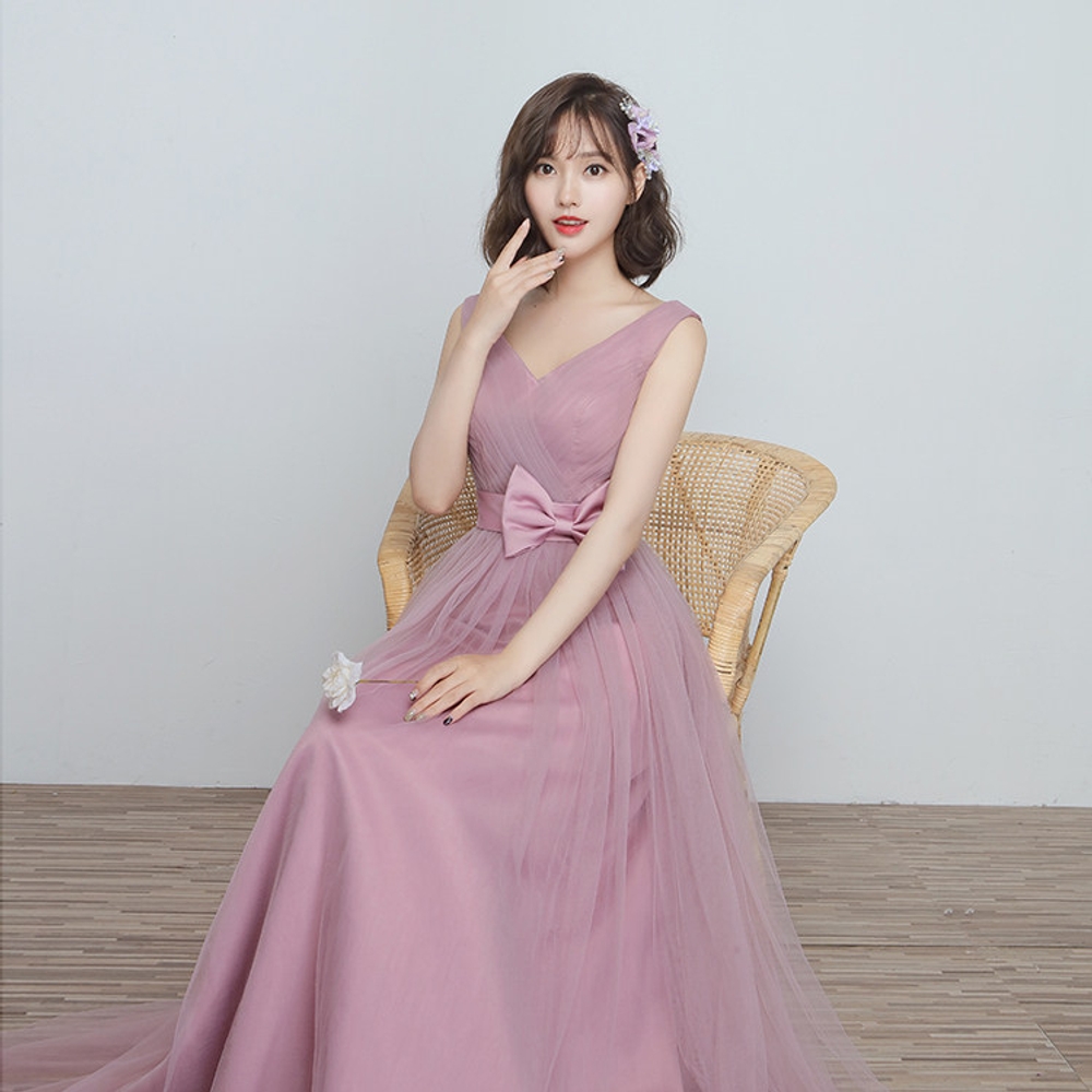 브라이덜샤워 들러리 드레스 쉬폰 튤 인디핑크 롱 A라인 허리리본 다양한디자인 우정 - 상세 이미지 4