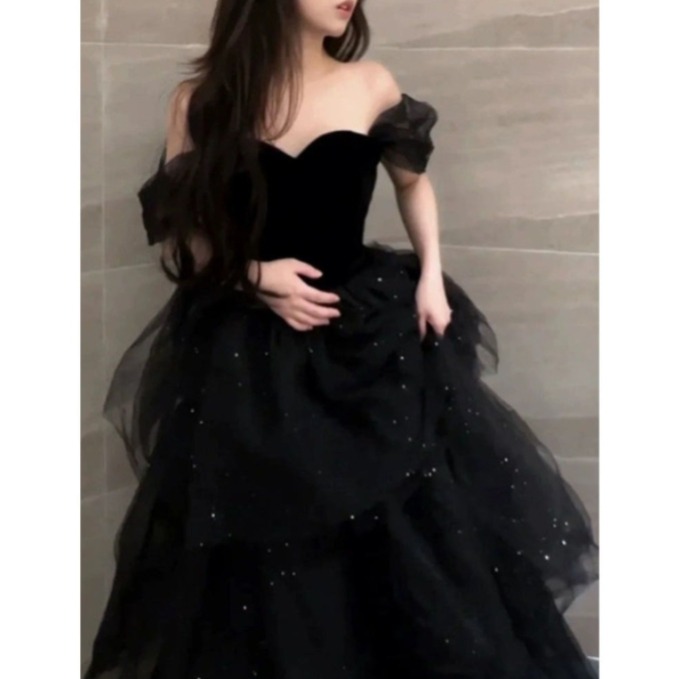 피로연 드레스 오프숄더 이브닝 고급 파티 원피스 브라이덜샤워 스몰 웨딩 촬영 컨셉 사진 - 상품 이미지