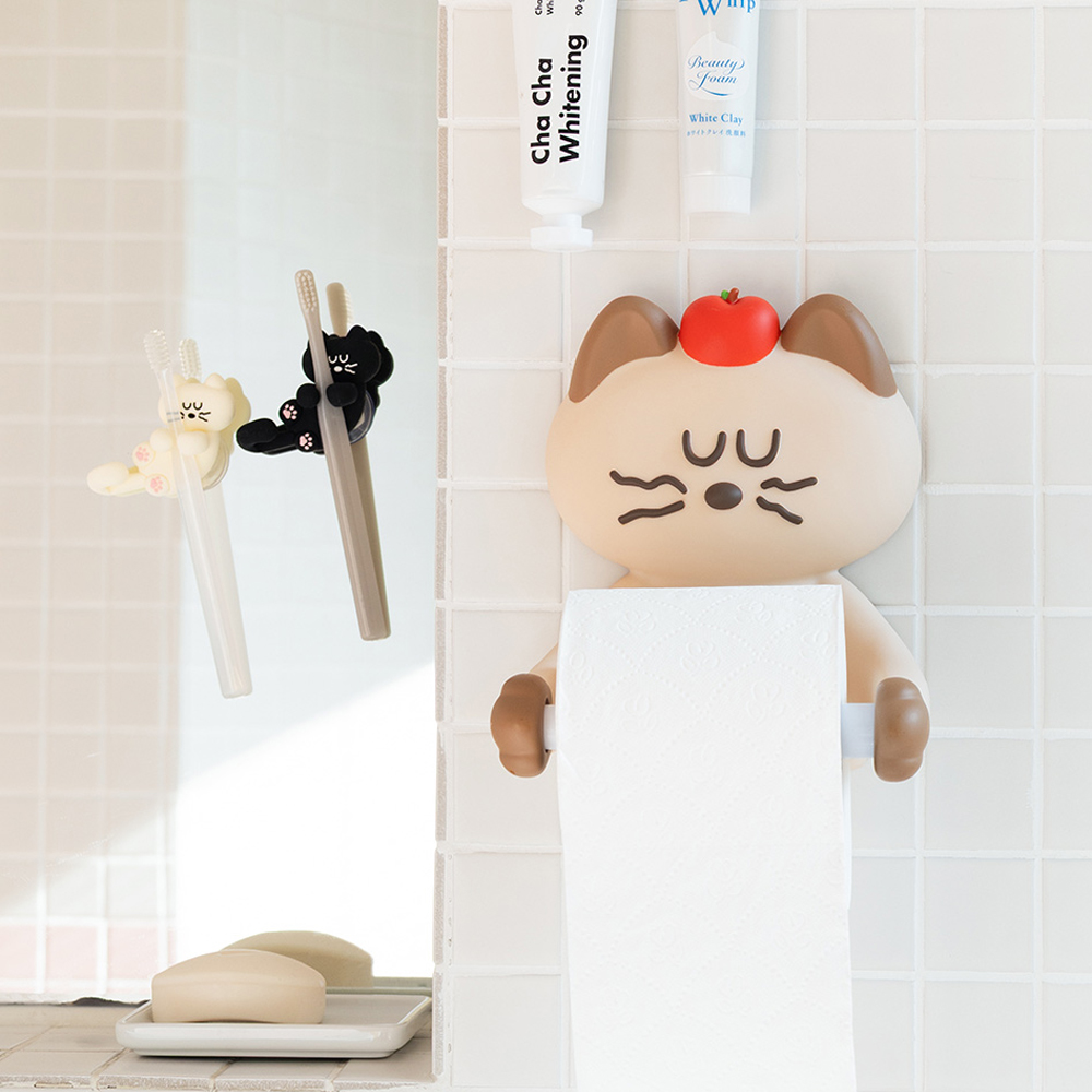 귀여운 고양이 캐릭터 휴지걸이 무타공 두루마리 화장지걸이 - 상품 이미지