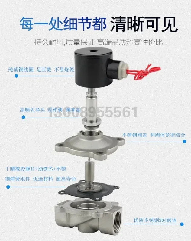 2W/S 스테인리스 스틸 304 솔레노이드 밸브 물 일반적으로 닫힘 1.5인치 220V 24Vdn50