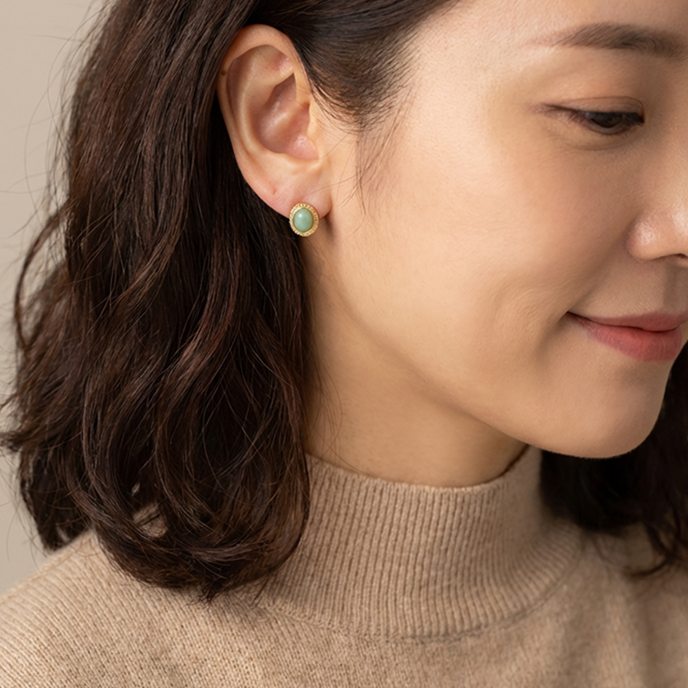 [코코블링] 천연 원석 옥 제이드 로즈쿼츠 미니 오벌 귀걸이 그린 - 상세 이미지 3