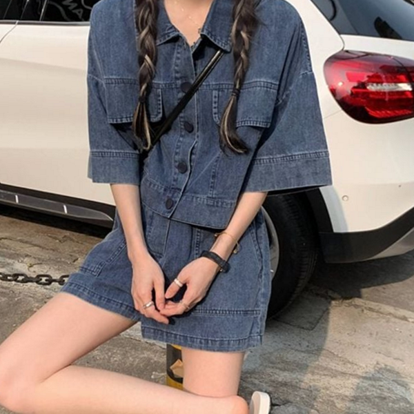 반바지 여성 데님 투피스 캐주얼 여성 데님 셋업 코디 여름 - 상품 이미지