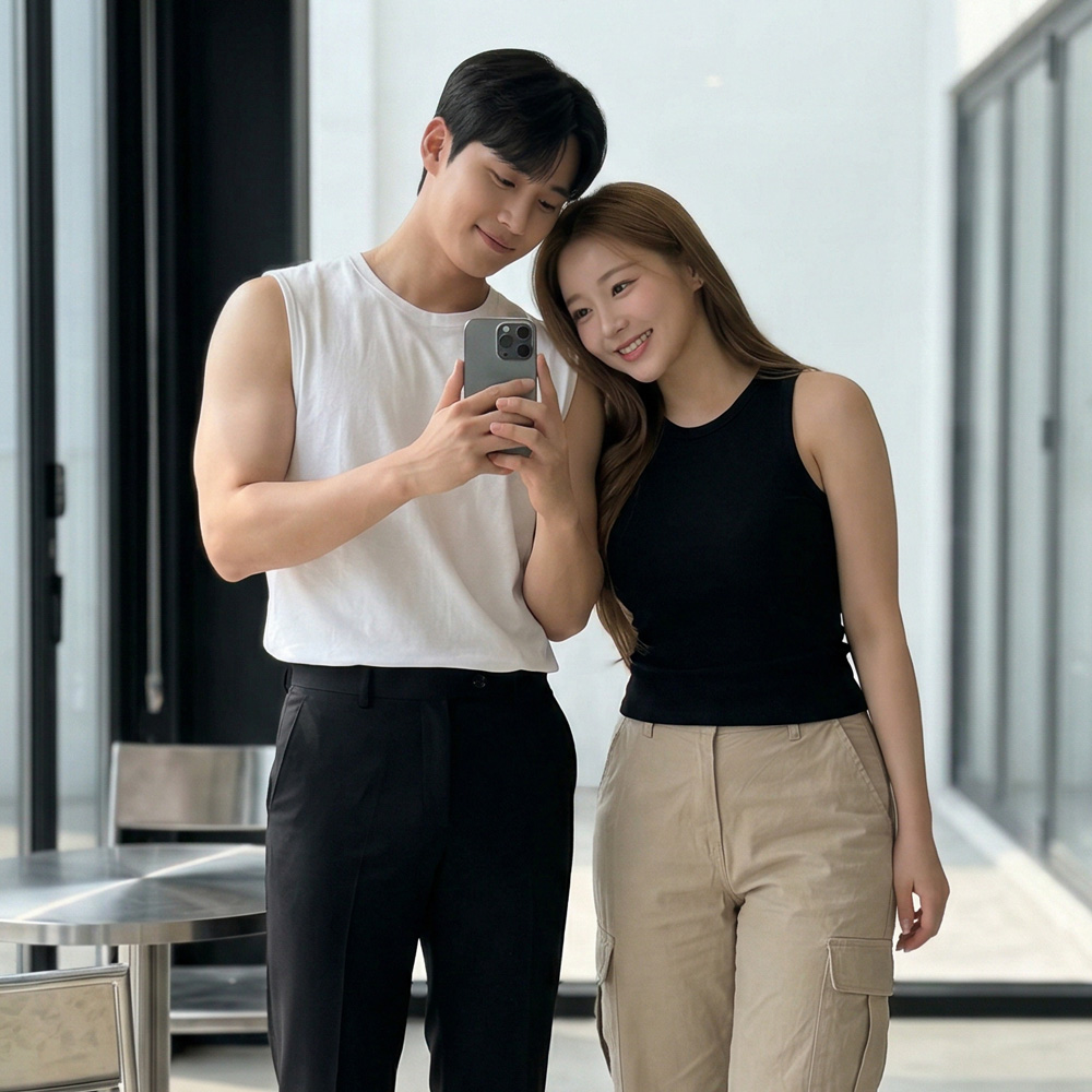 1+1 남자 남성 어깨넓어보이는 롱 민소매 오버핏 무지 나시 레이어드 - 상세 이미지 4