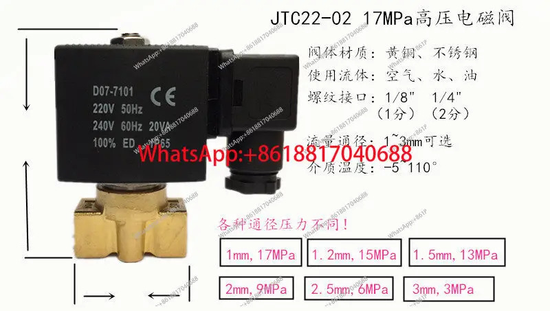 17Mpa 고압 솔레노이드 밸브 워터 에어 AC220V DC24V 압력 170kg